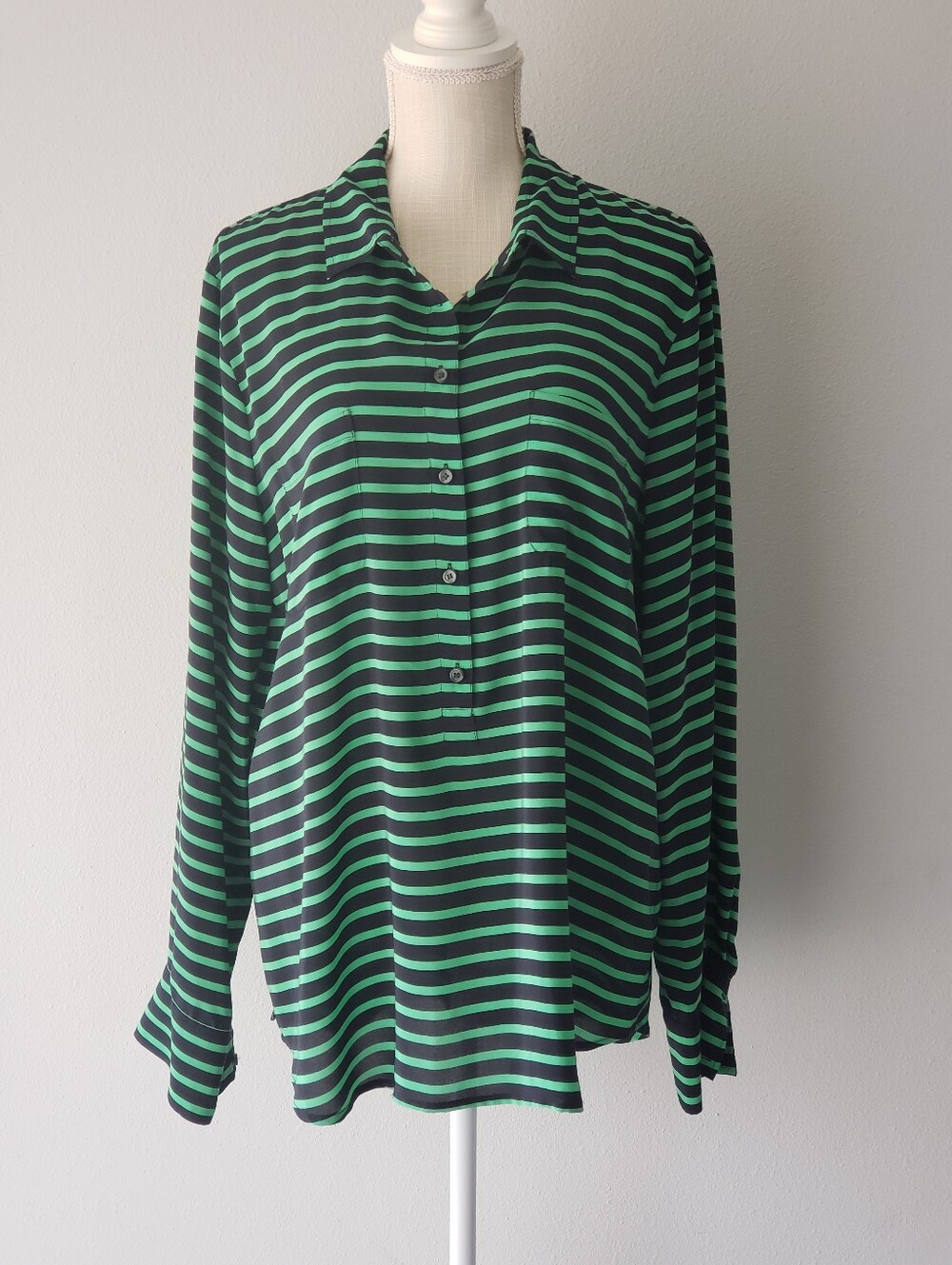 J. Crew 100% Silk Polly Popover Blouse Shirt Black And Green Striped XL NWOT